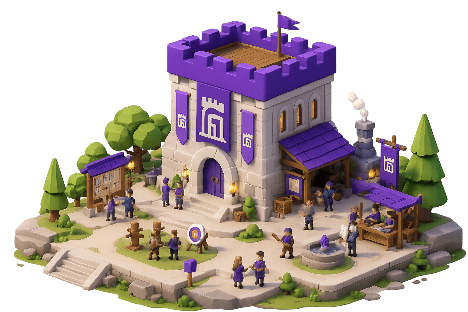A 3D illustrated guild hall with workers, banners, tools, and shared work areas.